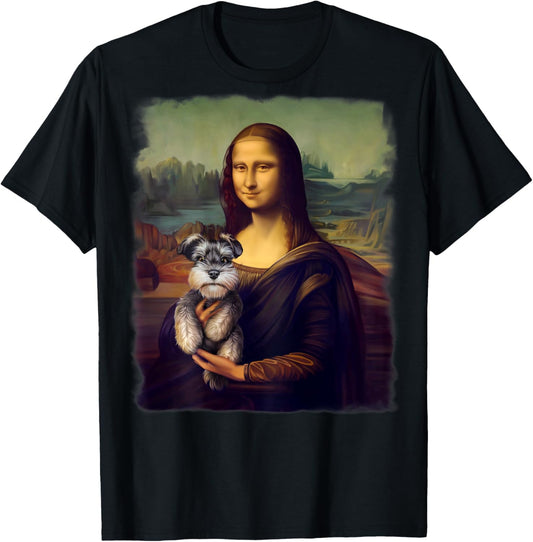 Mona Lisa Holding a Schnauzer Funny Dog Art Parody T-Shirt - T-Shirt | Black