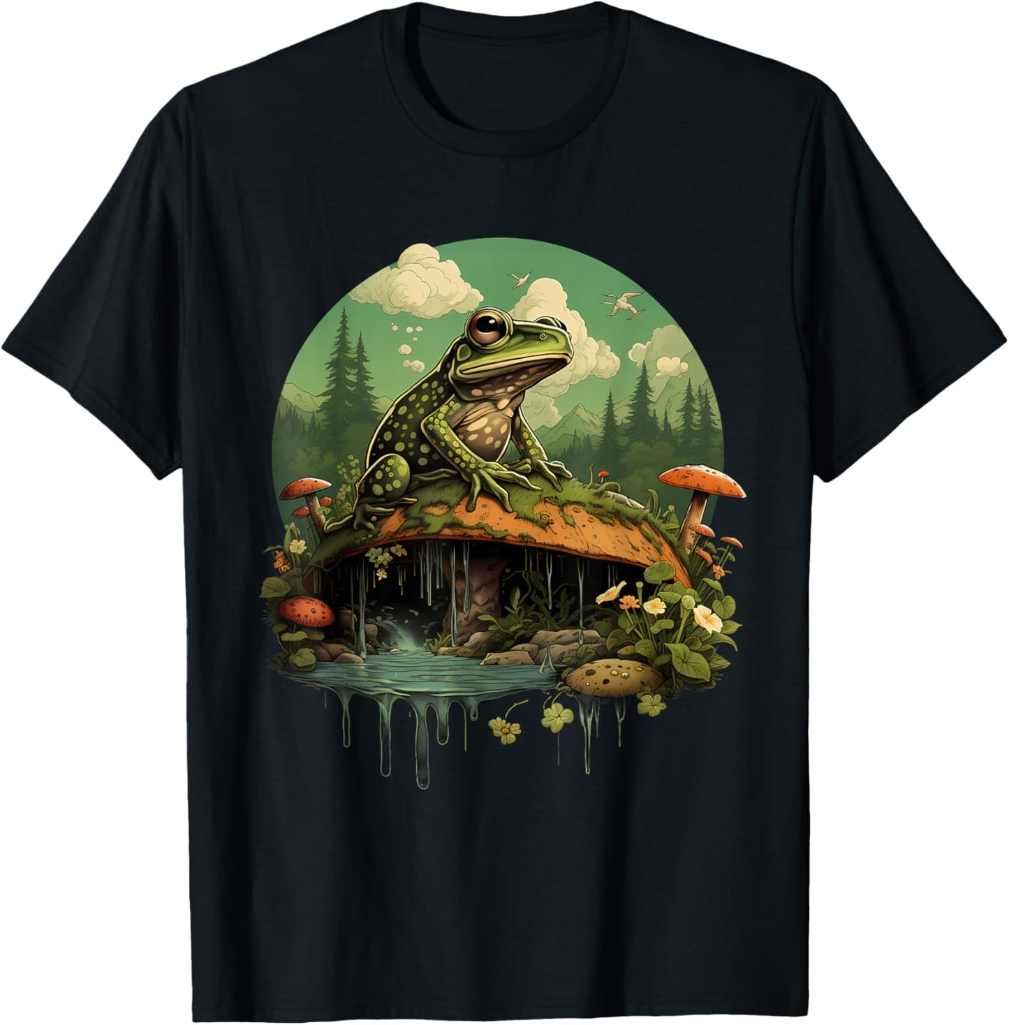 Frog Mushroom Toad Landscape Forest Nature Animal Art T-Shirt - T-Shirt | Black
