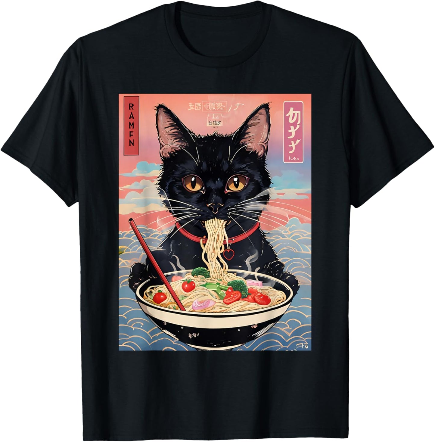 Anime Manga Kawaii Otaku Style Urban Streetwear Ramen Cat T-Shirt - T-Shirt | Black