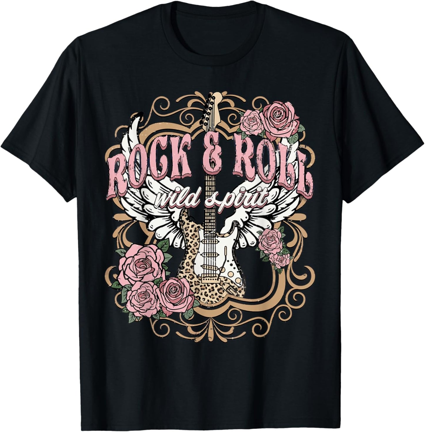 Vintage Rock n Roll Wild Spirit Lets Rock Guitar Floral T-Shirt - T-Shirt | Black