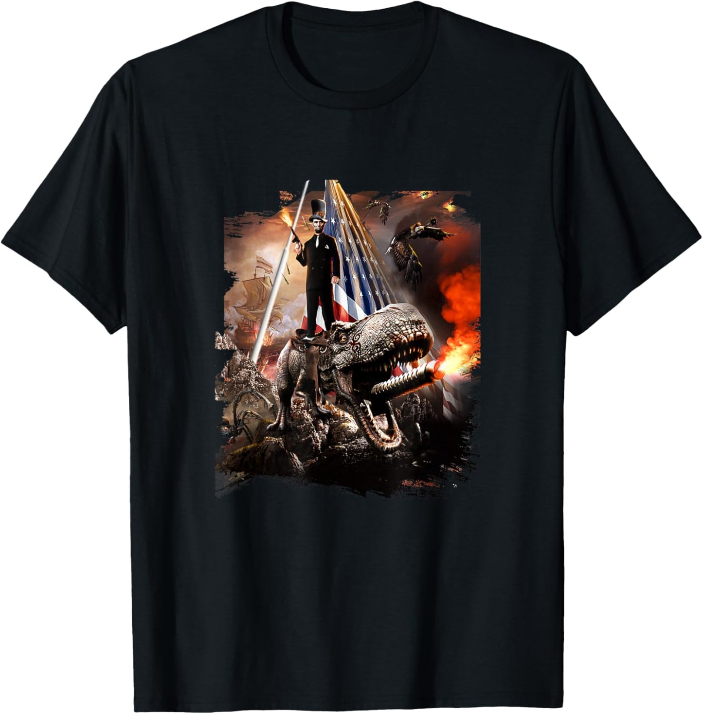 Abe Lincoln Riding Dinosaur American Patriotic Funny T-Shirt - T-Shirt | Black