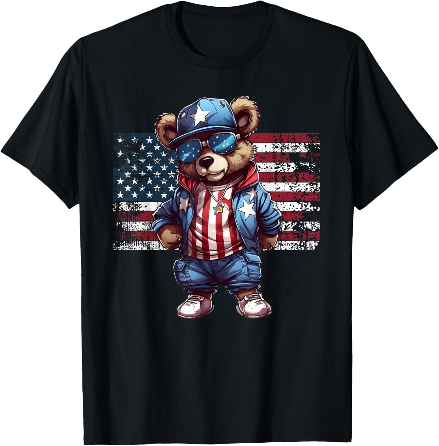 4th of July Hip Hop Teddy Bear USA Streetwear American Flag T-Shirt - T-Shirt | Black
