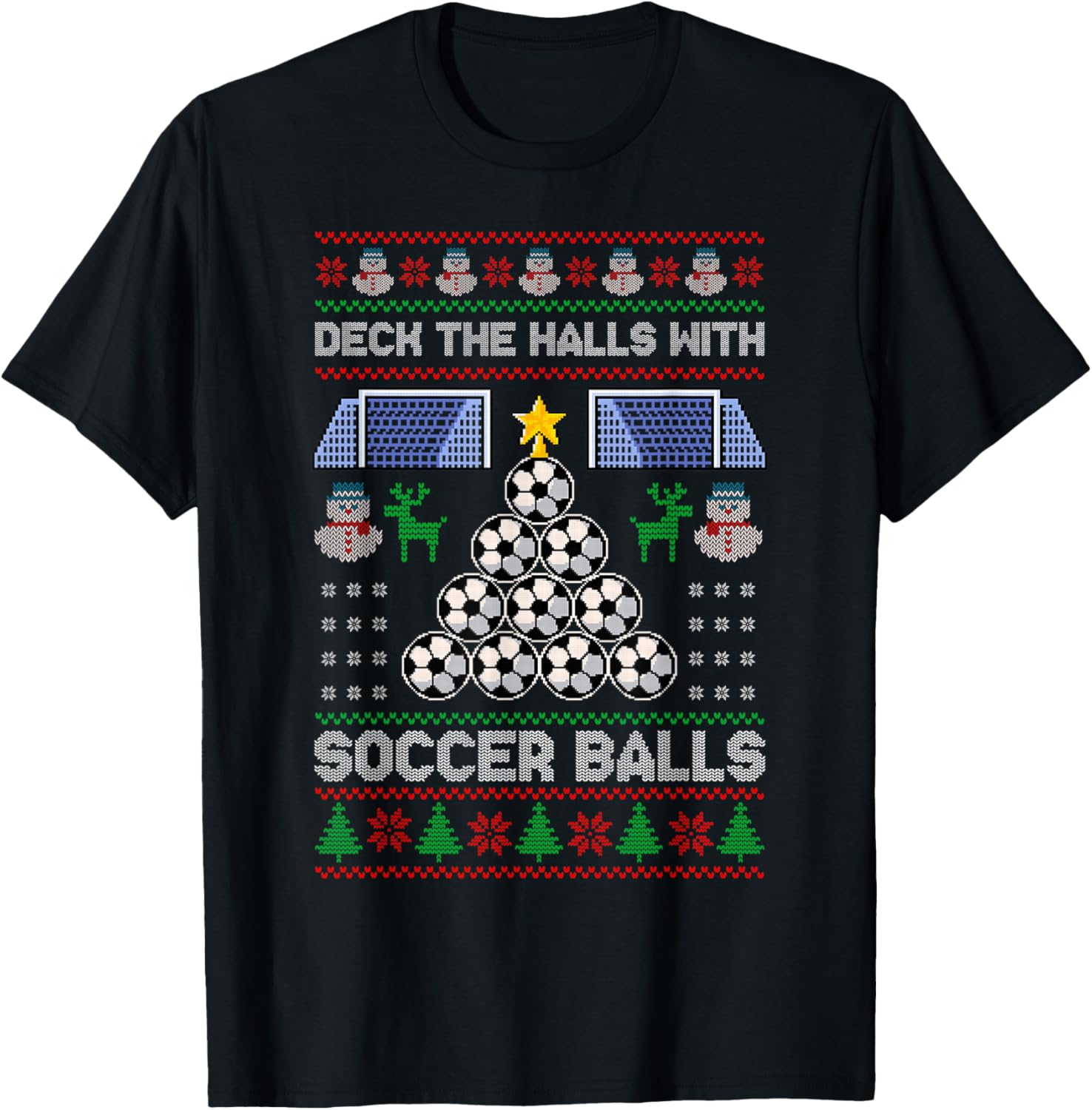 Deck The Hall With Soccer Balls Ugly Christmas Soccer Pajama T-Shirt - T-Shirt | Black