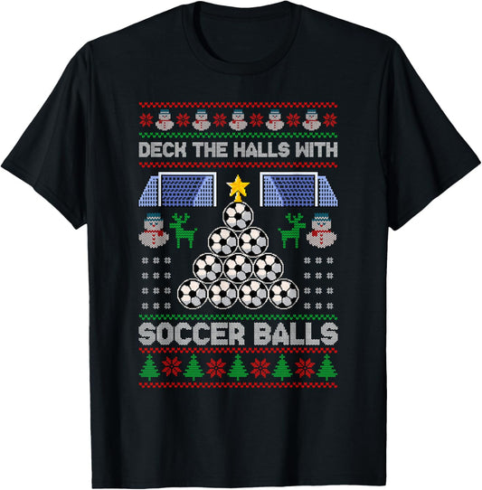 Deck The Hall With Soccer Balls Ugly Christmas Soccer Pajama T-Shirt - T-Shirt | Black