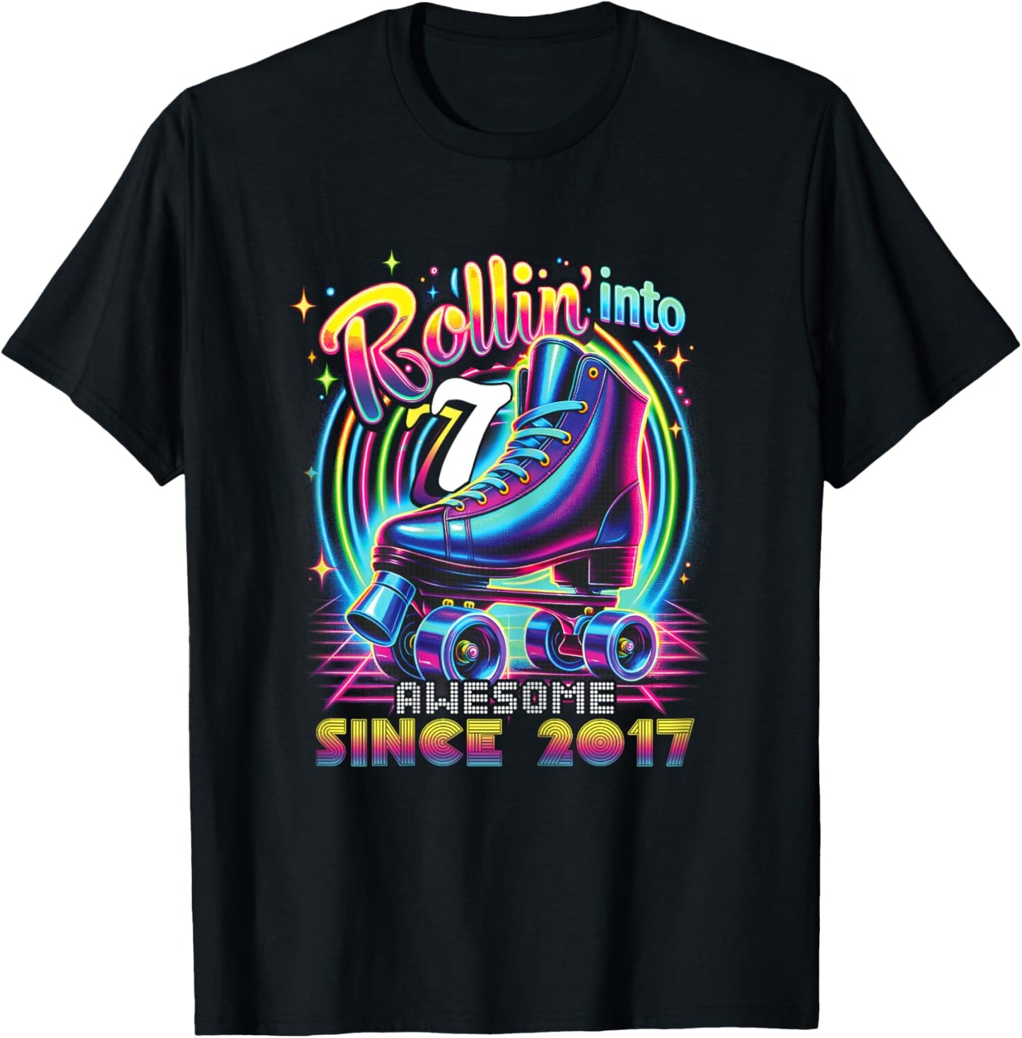 Roller Skate 7th Birthday Skating Girls Rollin 7 2017 T-Shirt - T-Shirt | Black