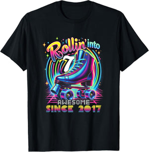 Roller Skate 7th Birthday Skating Girls Rollin 7 2017 T-Shirt - T-Shirt | Black