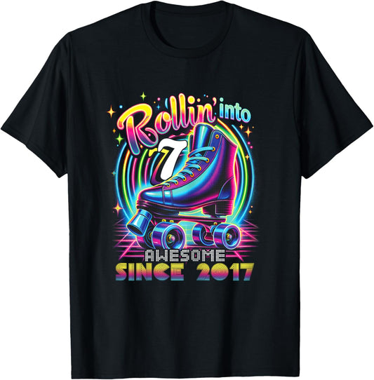 Roller Skate 7th Birthday Skating Girls Rollin 7 2017 T-Shirt - T-Shirt | Black