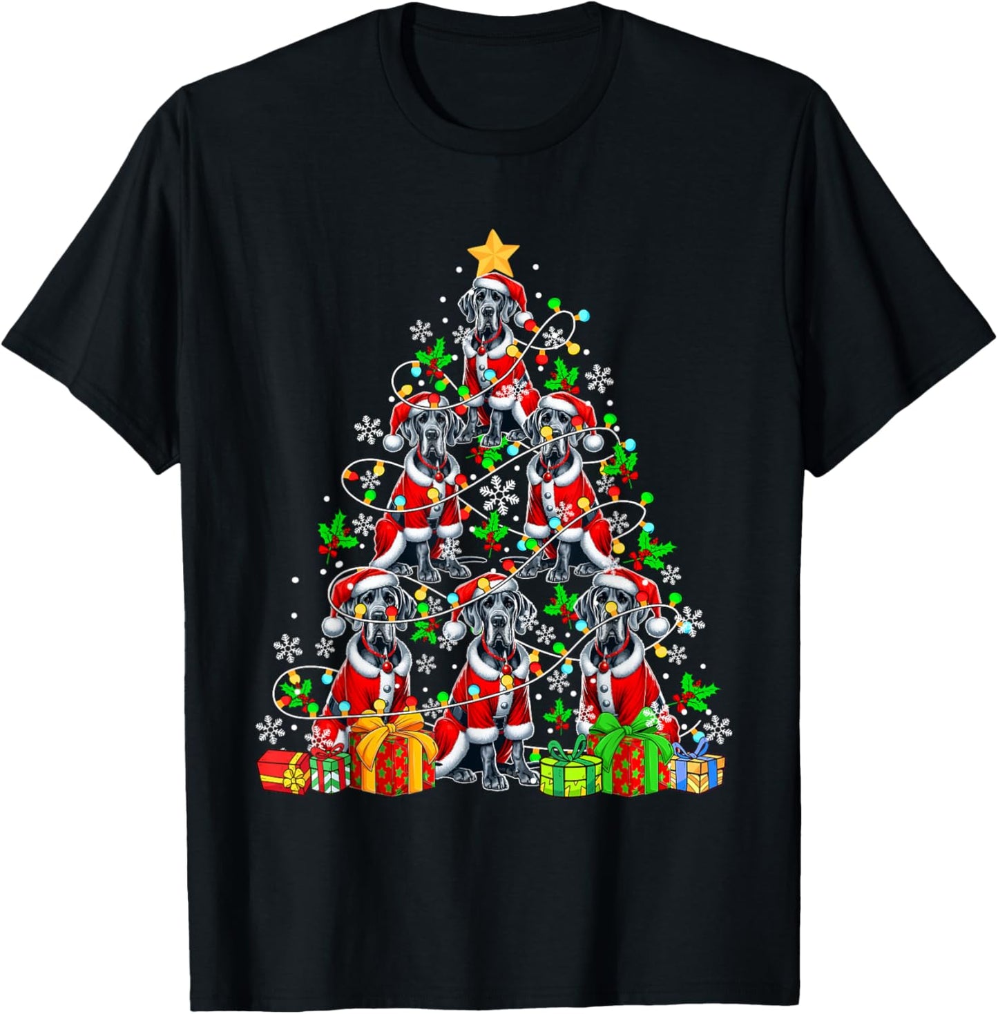 Group Santa Great Danes As Xmas Tree Colorful Lights Owner T-Shirt - T-Shirt | Black
