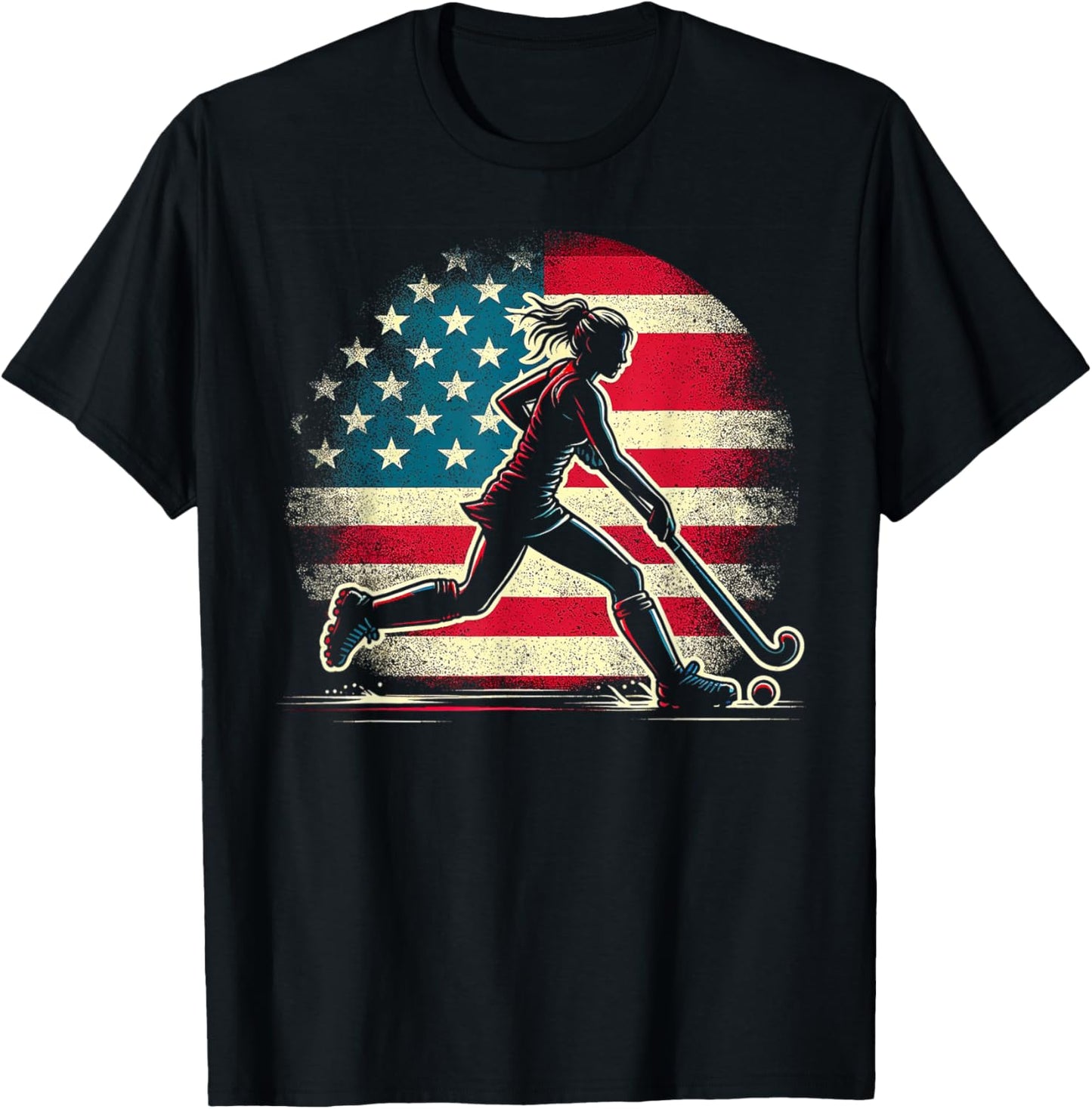 Field Hockey Girl USA United States Of America Flag T-Shirt - T-Shirt | Black