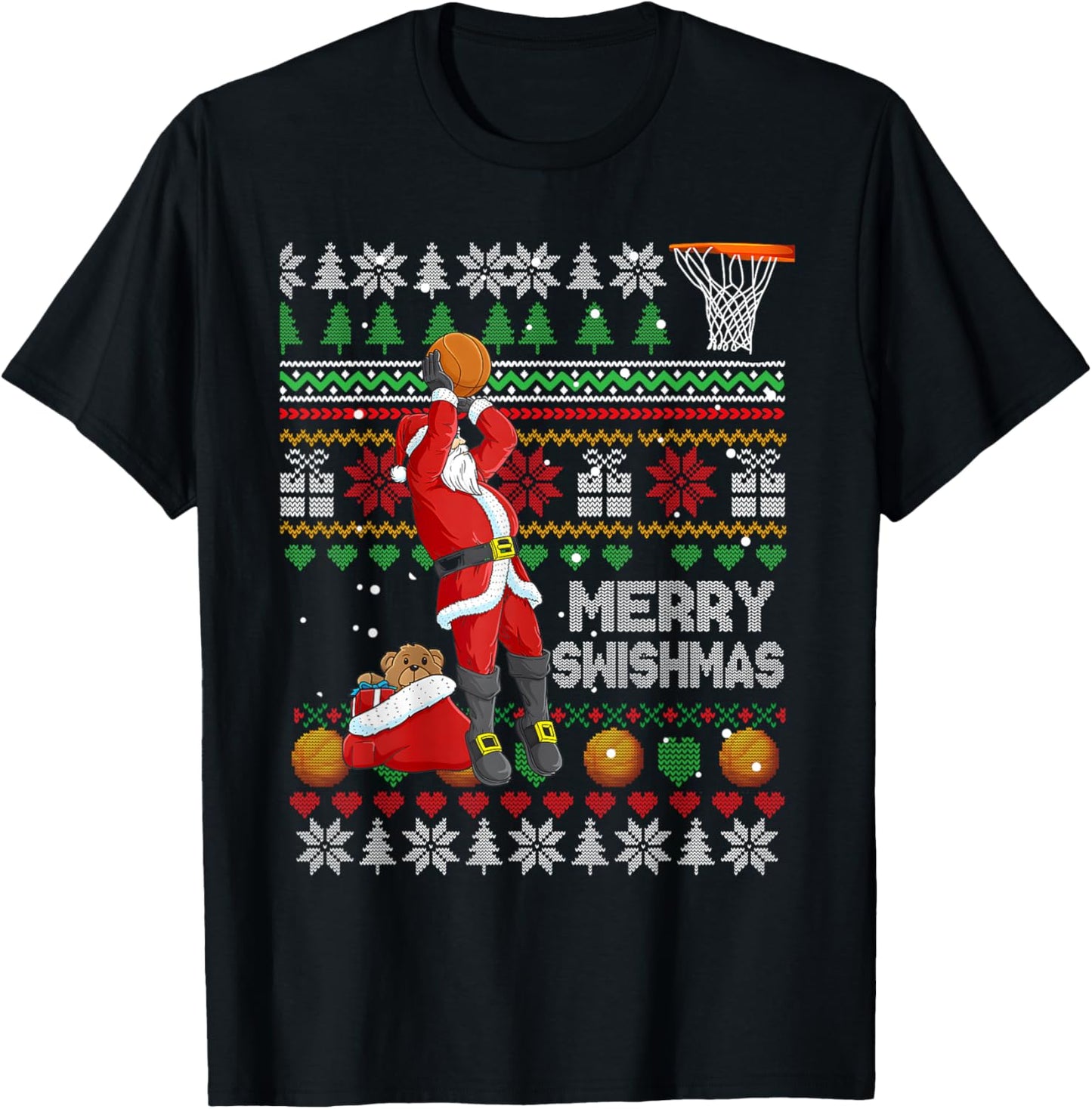 Funny Merry Swishmas Christmas Santa Playing Basketball Kids T-Shirt - T-Shirt | Black