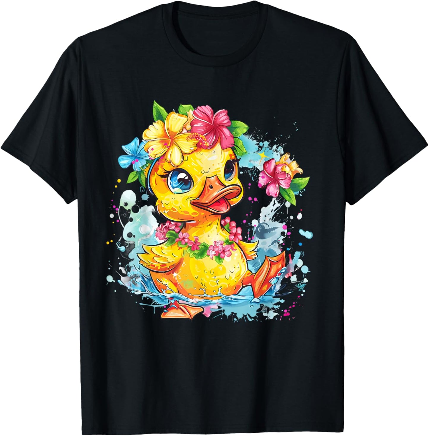 Rubber Duck Floral Hawaiian Watercolor Rubber Duck Lover T-Shirt - T-Shirt | Black
