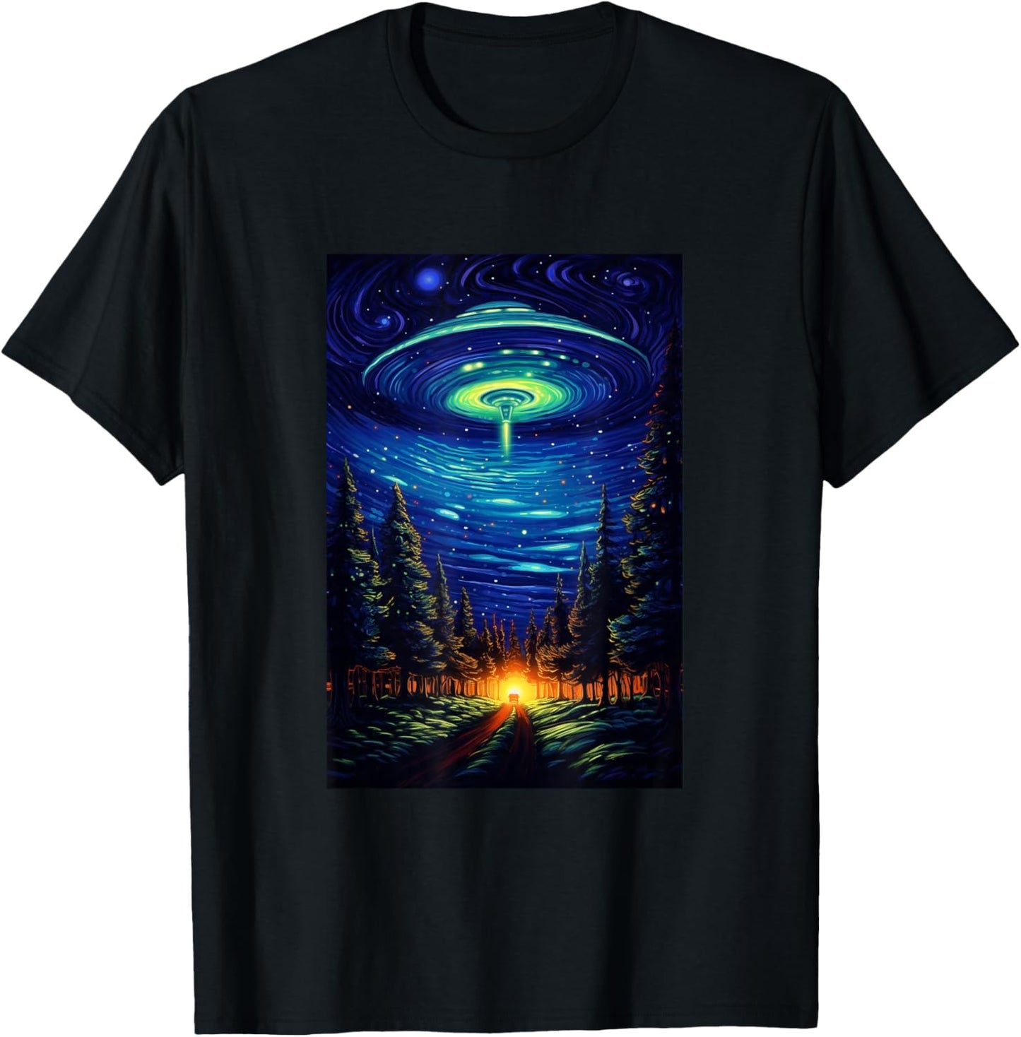 UFO Aliens Flying Saucer - Van Gogh Style - Starry Night T-Shirt - T-Shirt | Black
