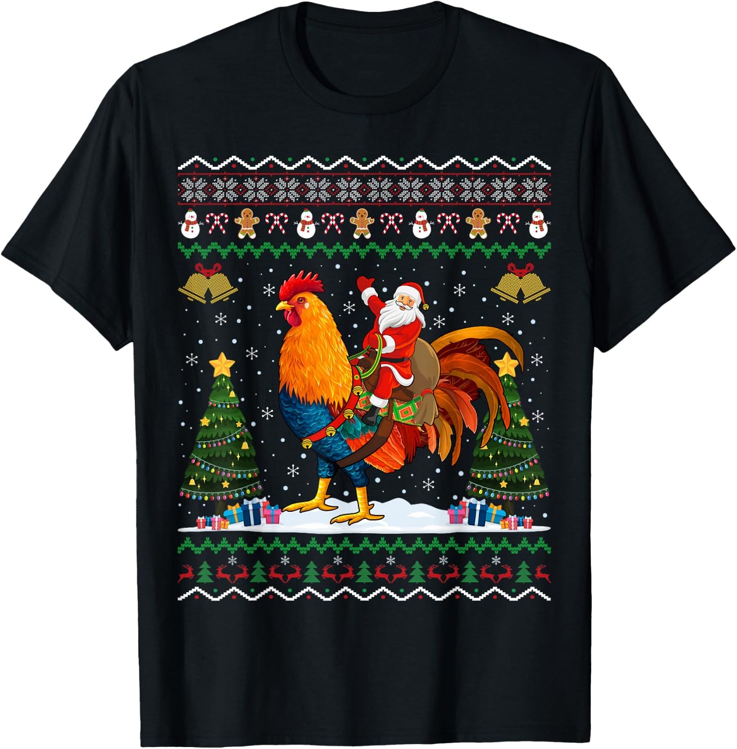 Rooster Ugly Xmas Gift Santa Riding Rooster Christmas T-Shirt - T-Shirt | Black