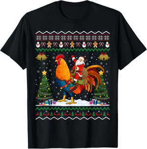 Rooster Ugly Xmas Gift Santa Riding Rooster Christmas T-Shirt - T-Shirt | Black