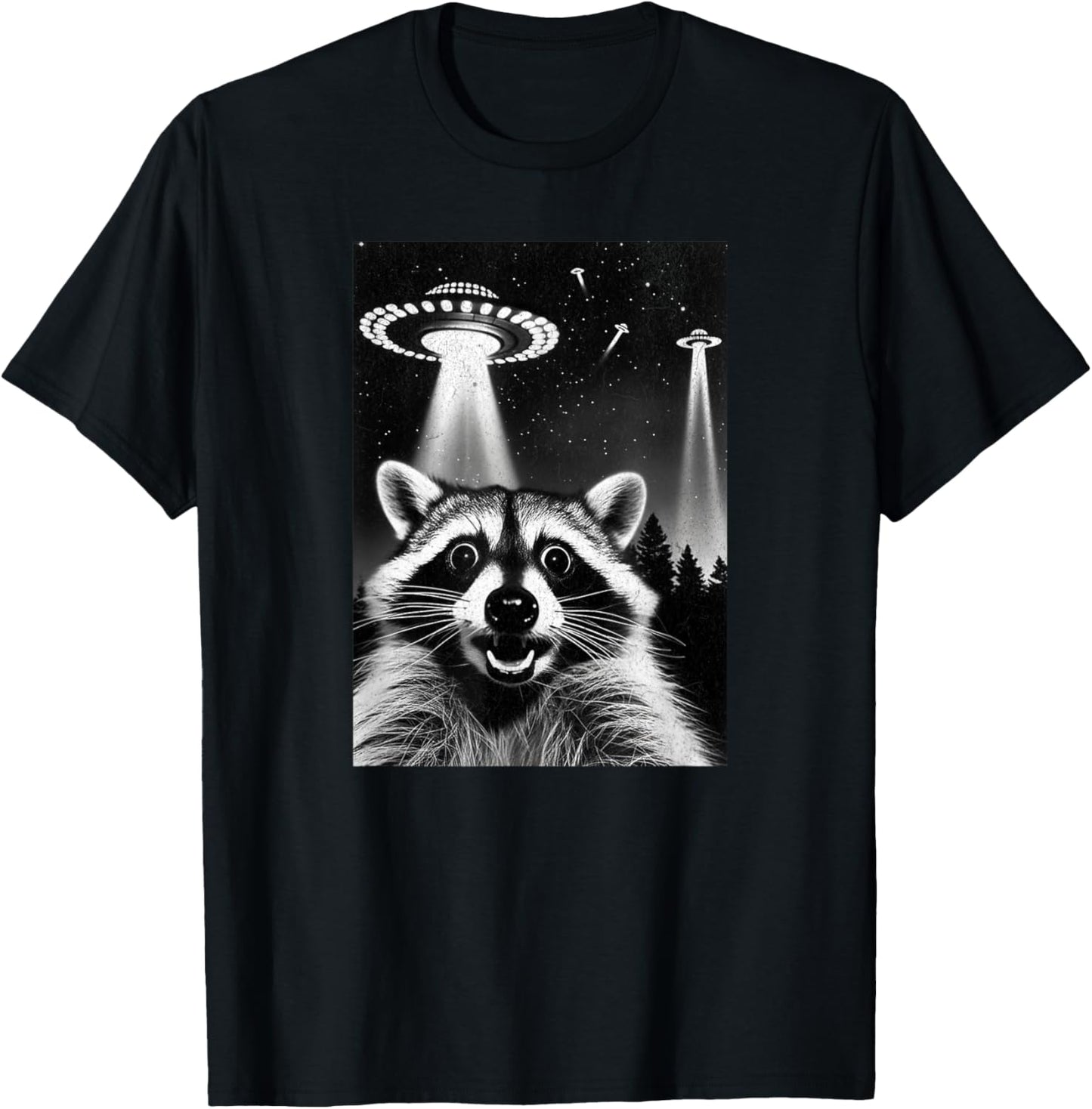 Raccoon UFO | Funny Invasion Meme Alien Raccoon UFO Selfie T-Shirt - T-Shirt | Black