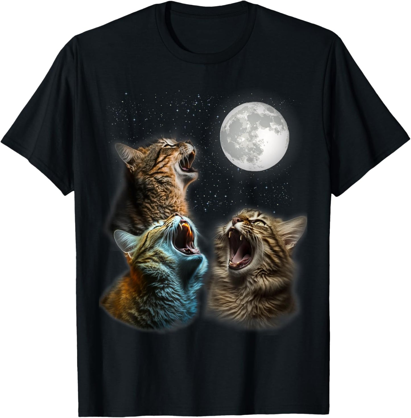 Funny Cat Moon Three Cats Meowling At Moon - Cats Howling T-Shirt - T-Shirt | Black