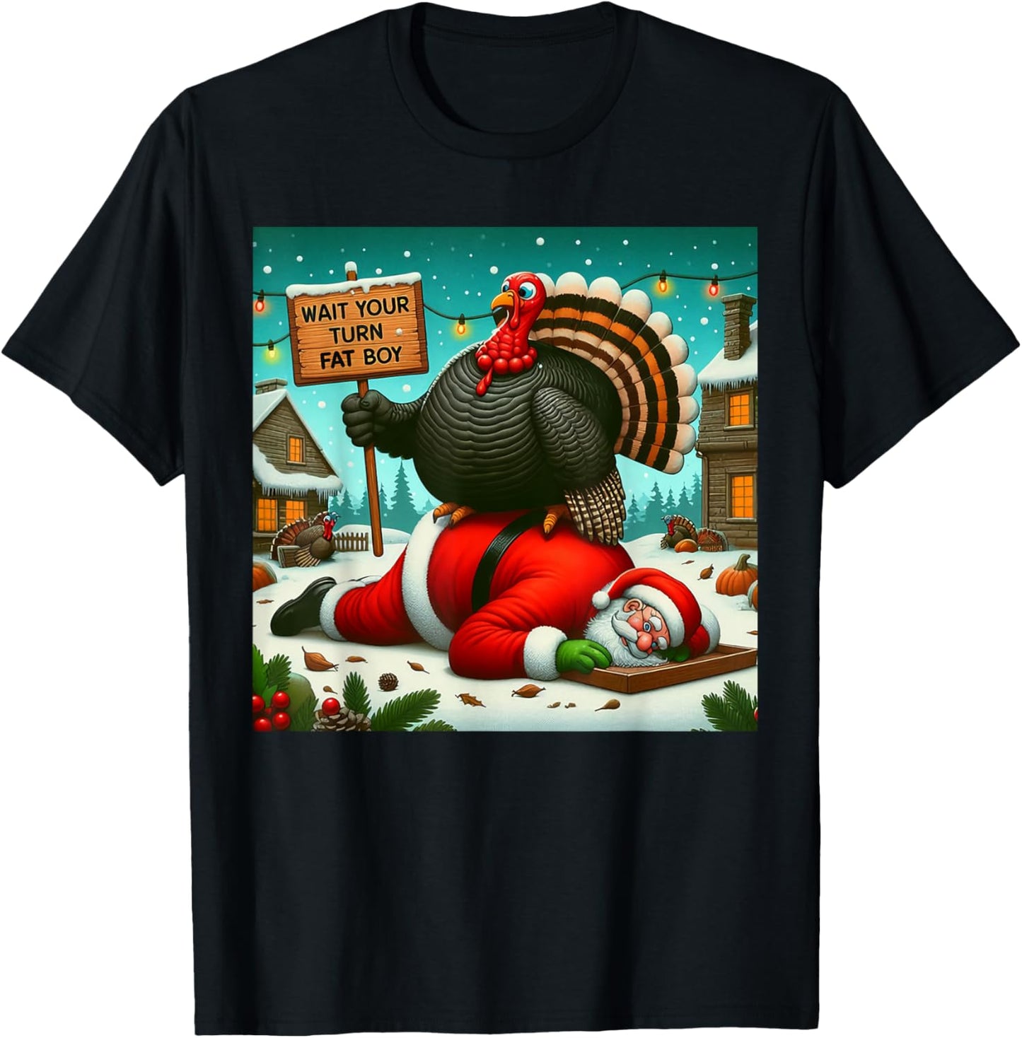 Wait Your Turn Fat Boy Turkey Santa Funny Thanksgiving Xmas T-Shirt - T-Shirt | Black