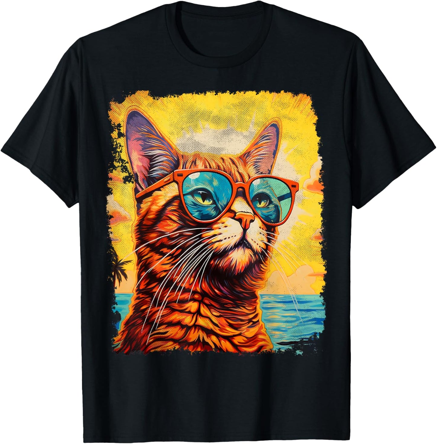 Cat with Sunglasses Graphic Hawaiian T-Shirt - T-Shirt | Black
