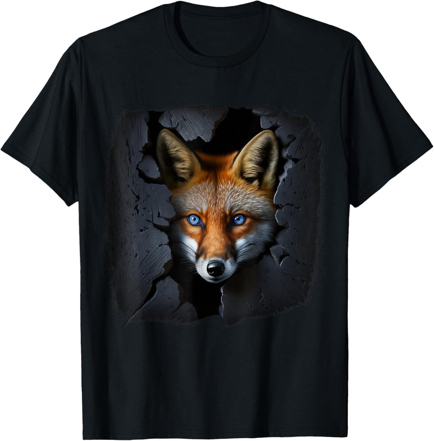 Fox Wall Blue Eyes Art Animal Motif T-Shirt - T-Shirt | Black