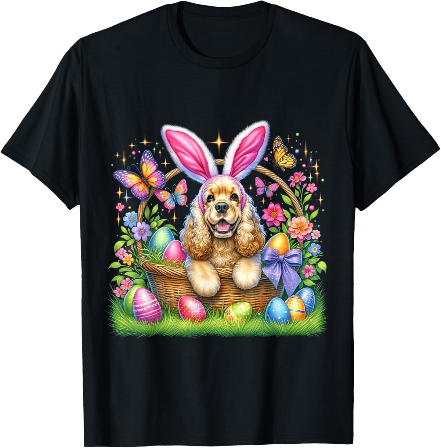 Cute Bunny Cocker Spaniel Dog Easter Eggs Basket Easter Day Men Women Girls Kids T-Shirt - T-Shirt | Black