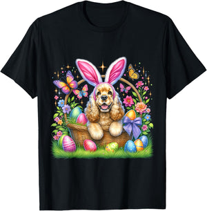 Cute Bunny Cocker Spaniel Dog Easter Eggs Basket Easter Day Men Women Girls Kids T-Shirt - T-Shirt | Black