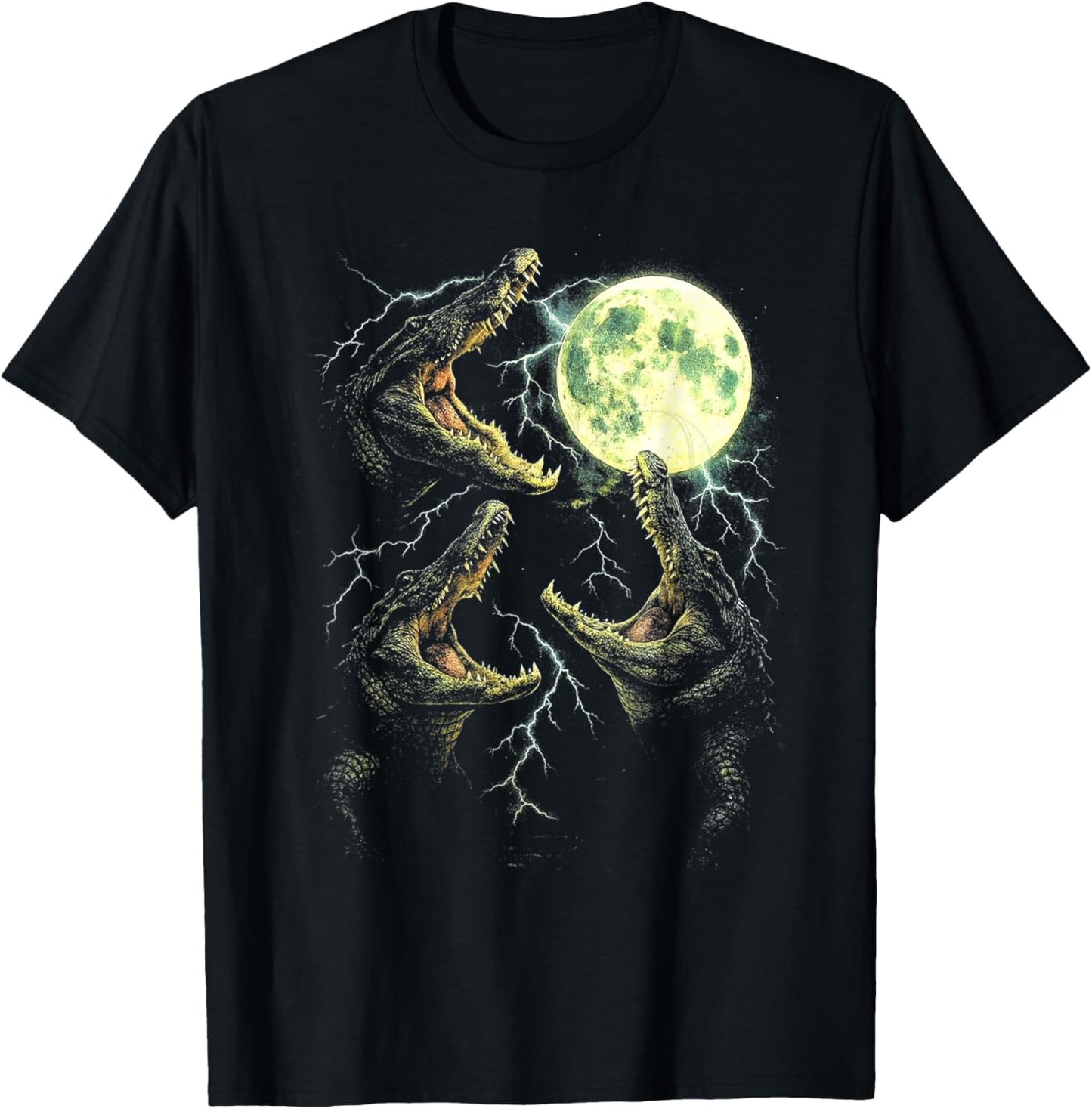 Retro Alligator Moon Howl 90s Swamp Lightning Design T-Shirt - T-Shirt | Black