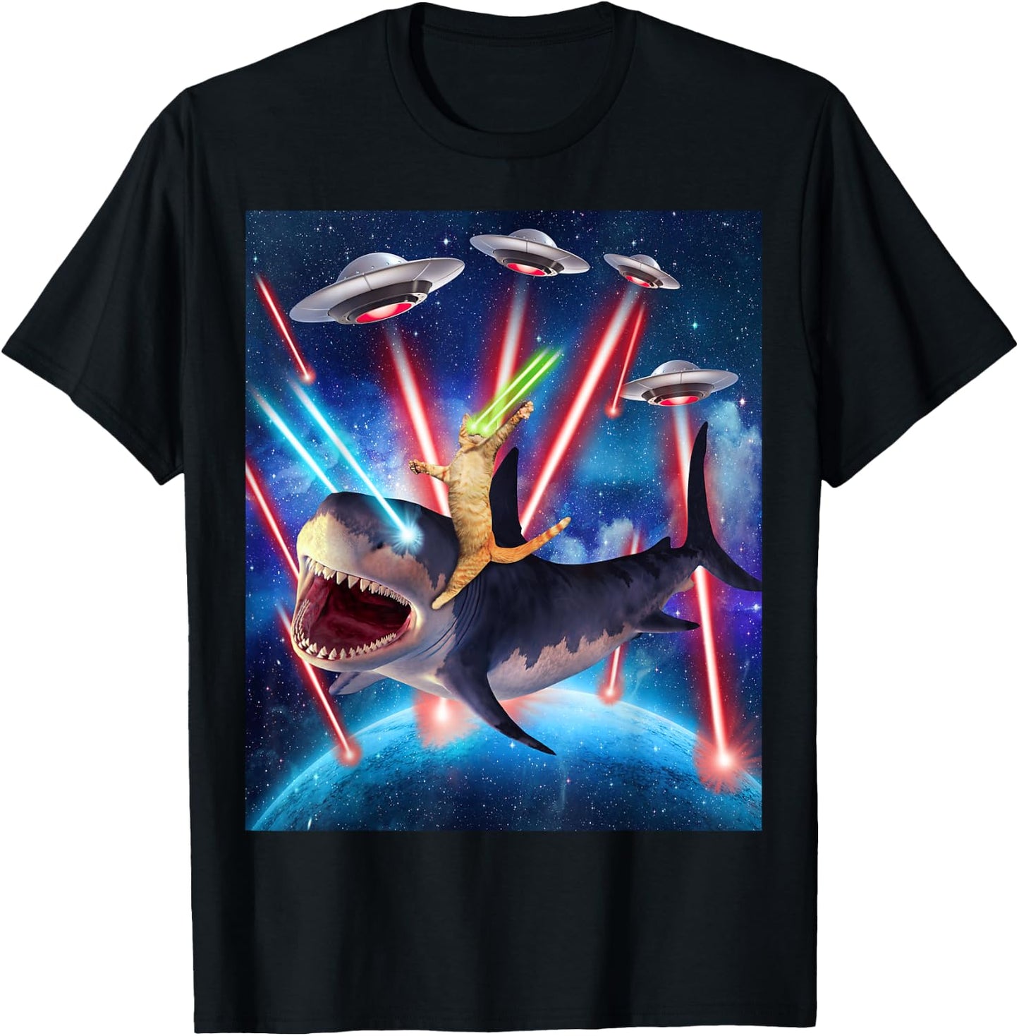 Space Cat Riding Shark Laser Eyes UFO Funny Kitty Cat Women Girls Kids T-Shirt - T-Shirt | Black