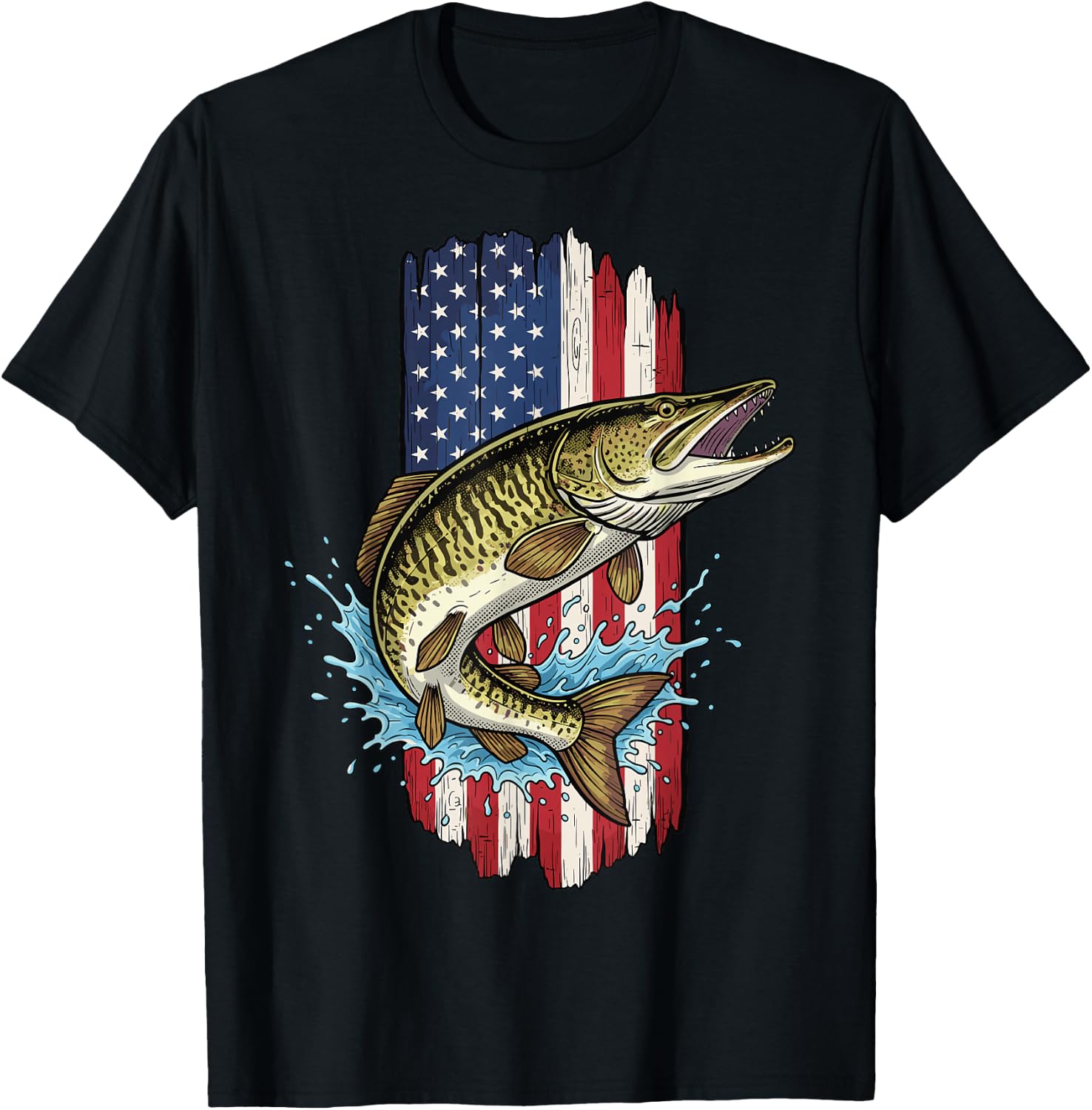 Musky Fishing, American Flag with Musky T-Shirt - T-Shirt | Black