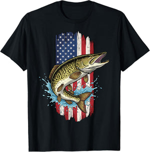 Musky Fishing, American Flag with Musky T-Shirt - T-Shirt | Black