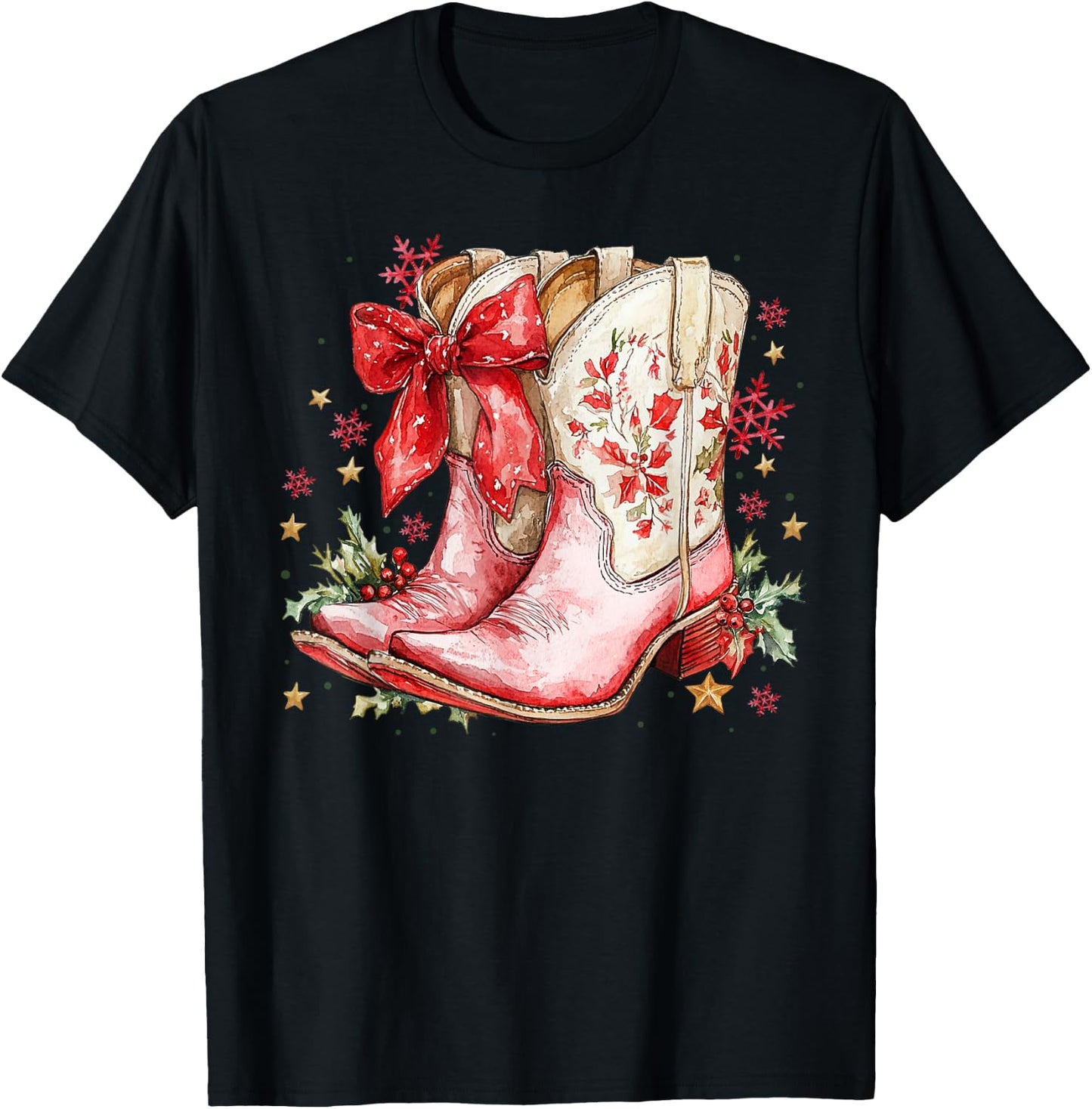 Western Christmas Family Pajamas Bow Cowgirl Cowboy Boots T-Shirt - T-Shirt | Black