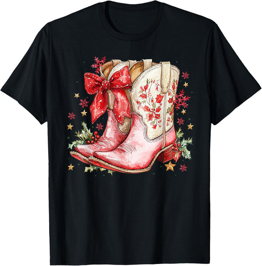 Western Christmas Family Pajamas Bow Cowgirl Cowboy Boots T-Shirt - T-Shirt | Black