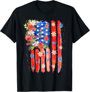 Flower Brushstroke US Flag 4th Of July Patriotic Graphic T-Shirt - T-Shirt | Black