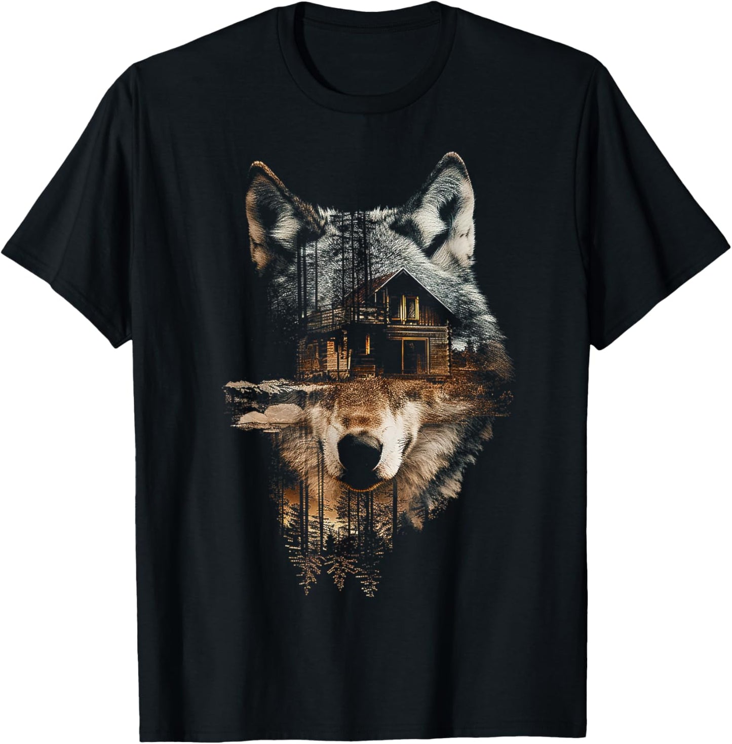 Wolf Nature House Animal Trees Illustration Art Wolf T-Shirt - T-Shirt | Black