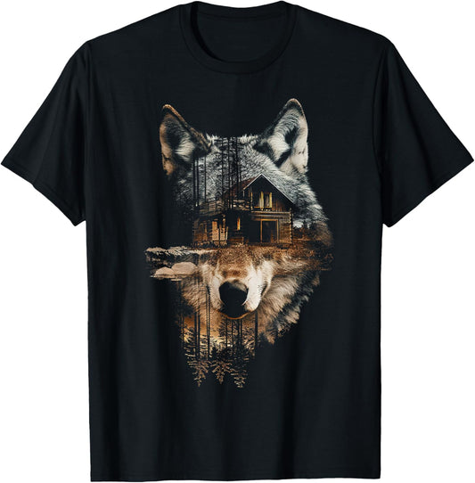 Wolf Nature House Animal Trees Illustration Art Wolf T-Shirt - T-Shirt | Black