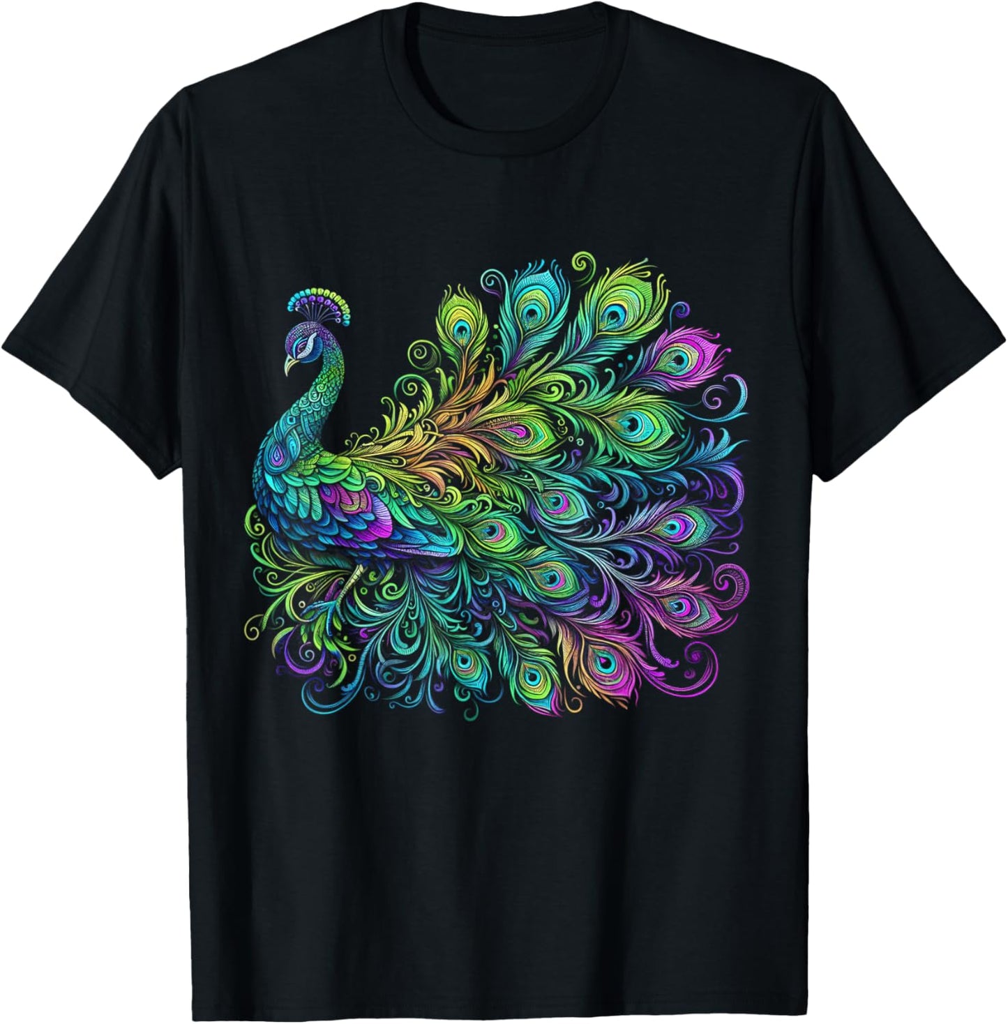 Psychedelic Peacock - Colorful Bird Lover T-Shirt - T-Shirt | Black