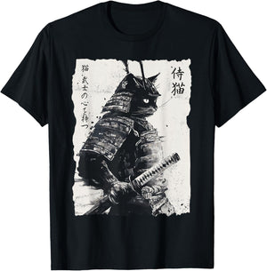 Samurai Cat, Vintage Japanese Warrior Art, Men, Women T-Shirt - T-Shirt | Black