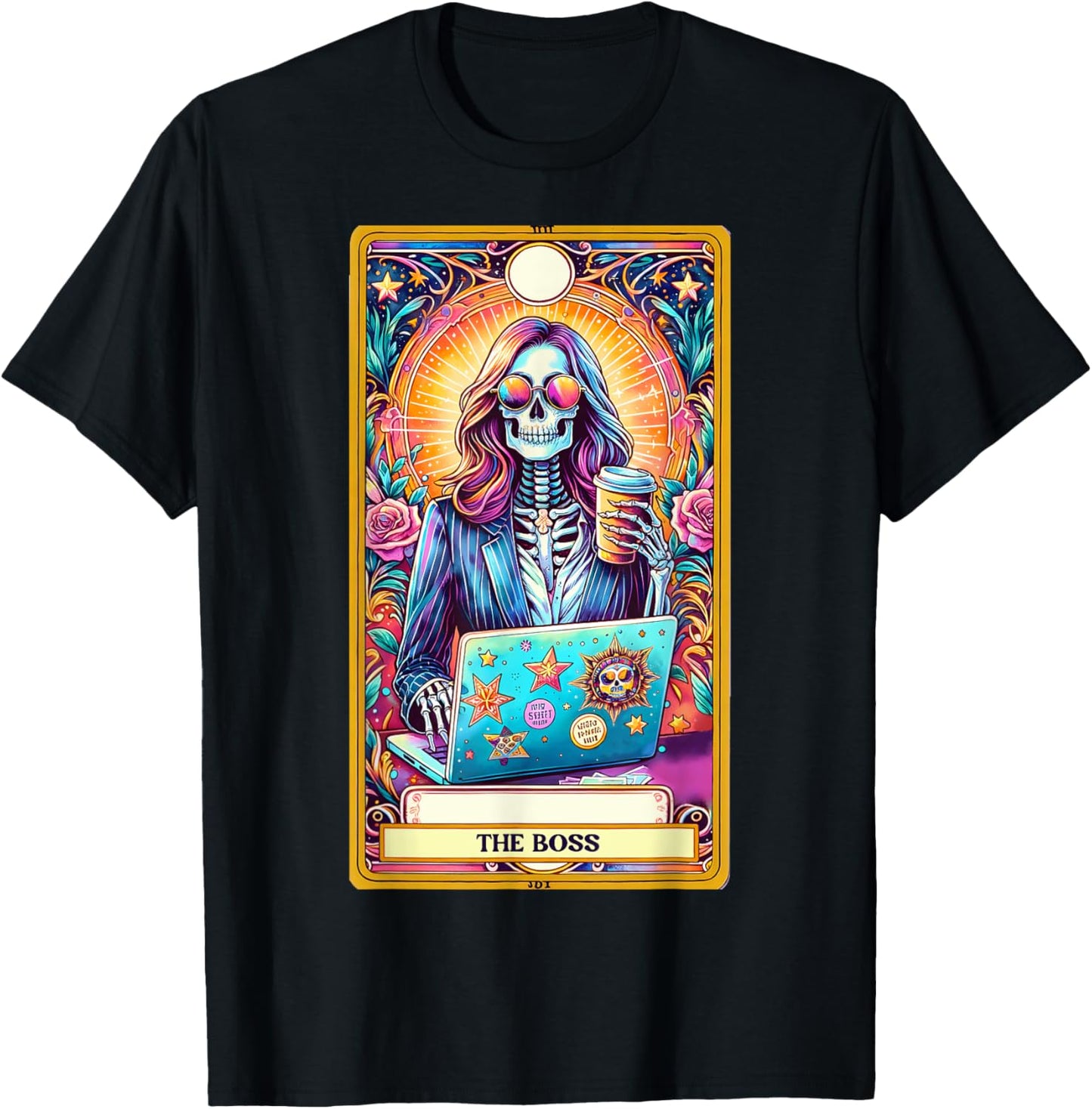 Women Boss Tarot Card Skeleton Work Hustle Leadership Coffee T-Shirt - T-Shirt | Black