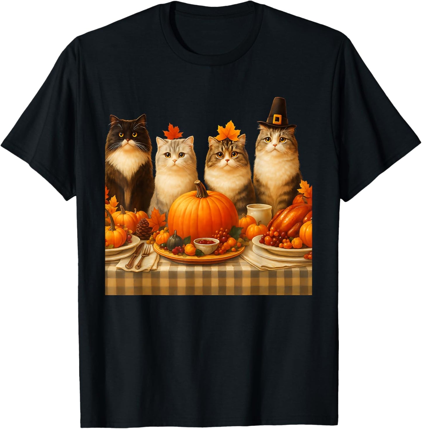 Thanksgiving Cats Dinner Feast Vintage Fall Men Women Kids T-Shirt - T-Shirt | Black