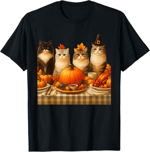 Thanksgiving Cats Dinner Feast Vintage Fall Men Women Kids T-Shirt - T-Shirt | Black