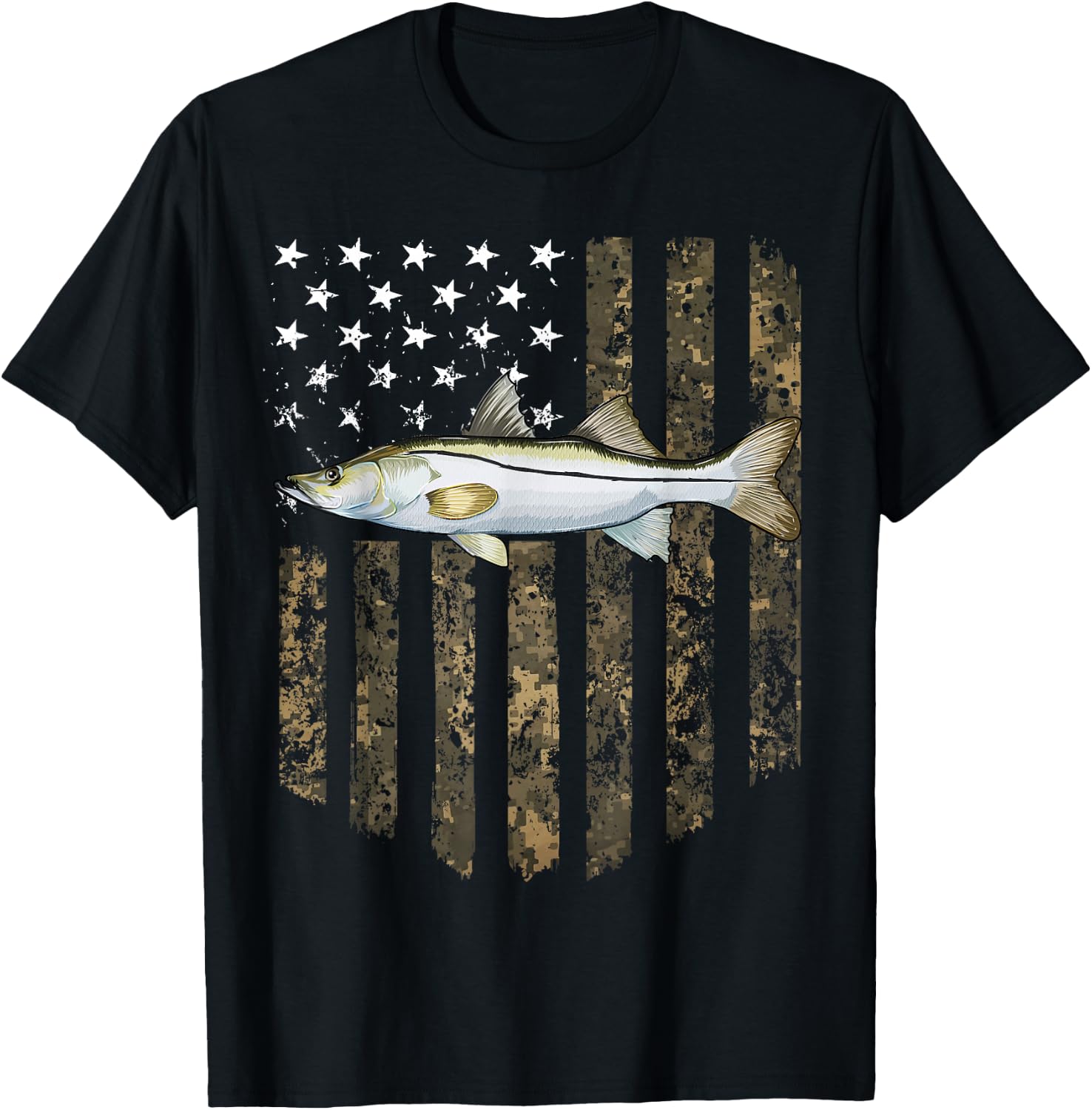Camo American Flag Snook Fishing 4th Of July T-Shirt - T-Shirt | Black