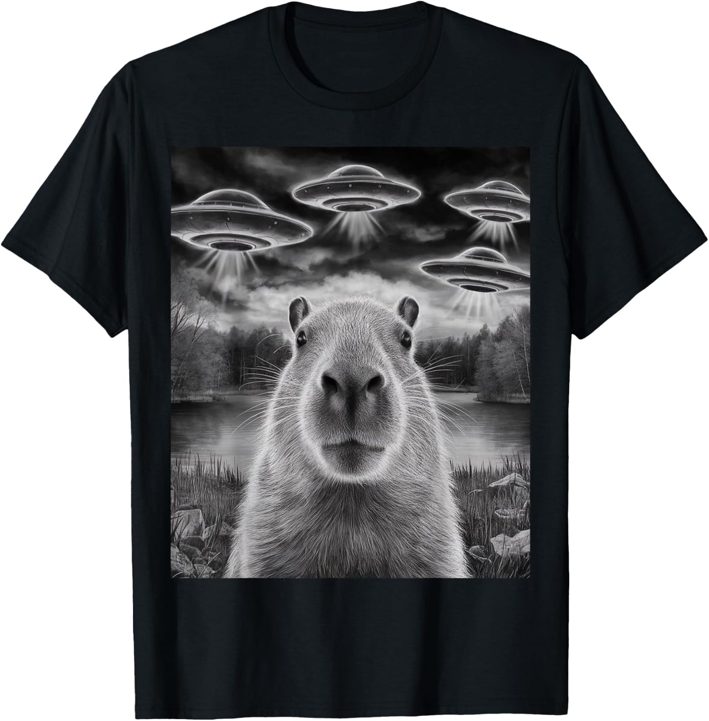 Funny Capybara Selfie with UFOs Weird Design Women Men T-Shirt - T-Shirt | Black