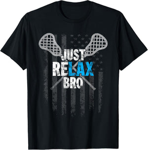 Just Relax Bro Lacrosse Sticks Distressed American Flag T-Shirt - T-Shirt | Black