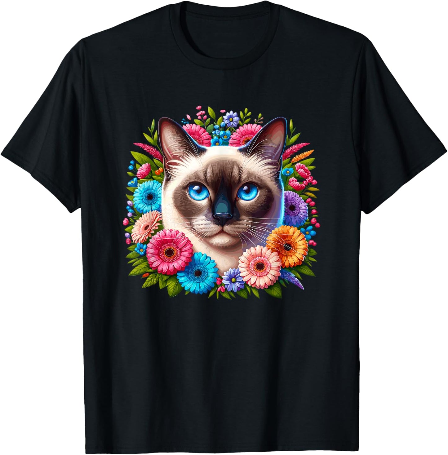 Floral Flowers Siamese Cat Meezer Men Women Kids T-Shirt - T-Shirt | Black