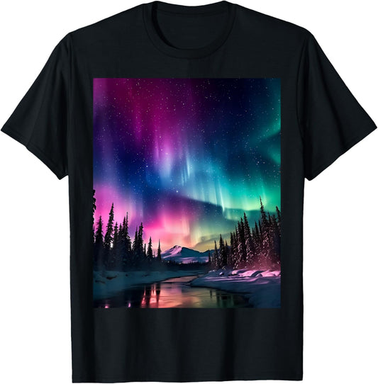 Alaska Landscape Aurora Borealis Northern Lights Vacay Merch T-Shirt - T-Shirt | Black