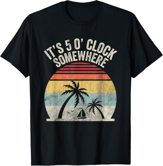 It's 5 O'Clock Somewhere Retro Beach Sunset T-Shirt - T-Shirt | Black