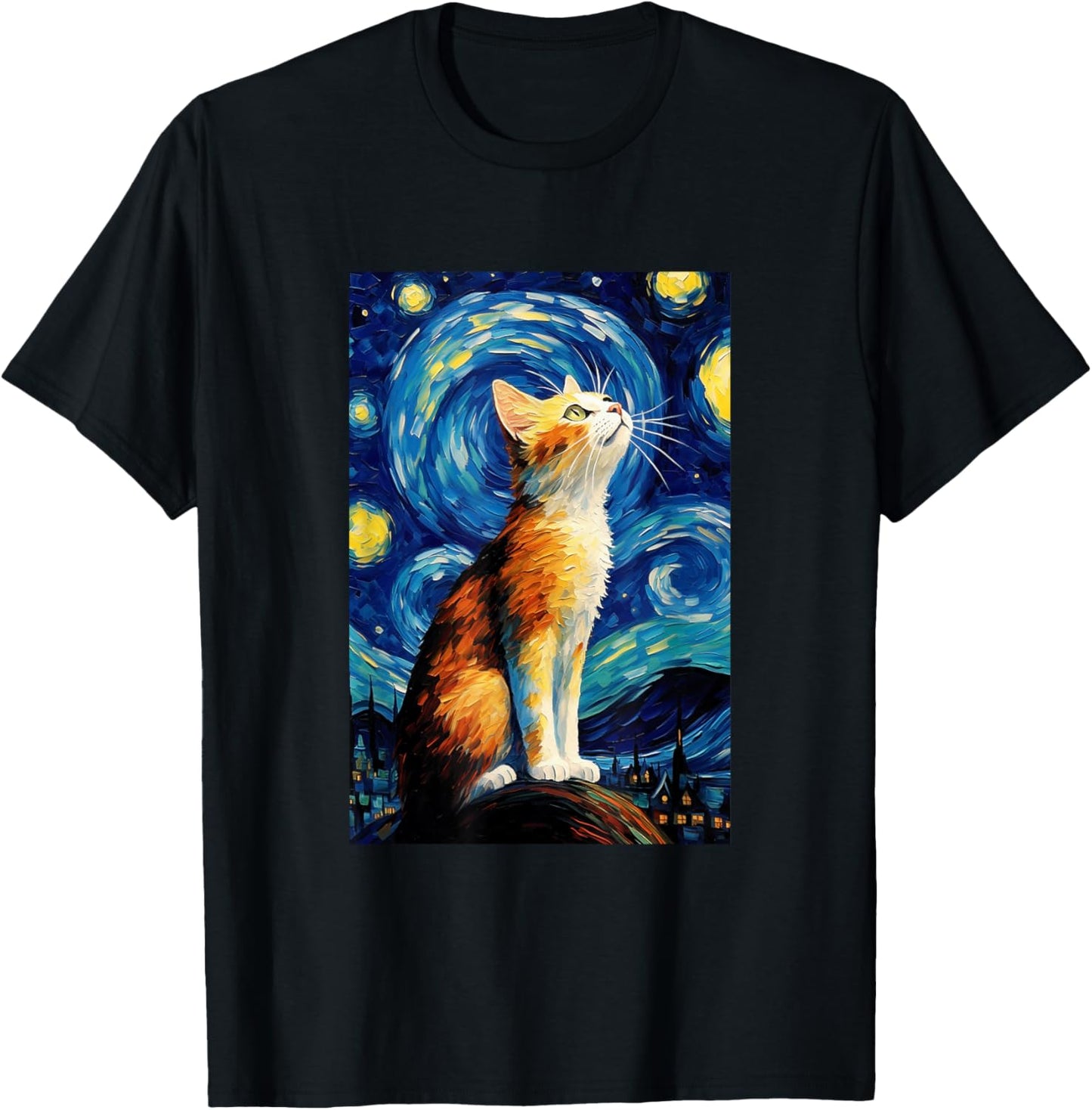 Cat Van Gogh Style Starry Night Graphic T-Shirt - T-Shirt | Black