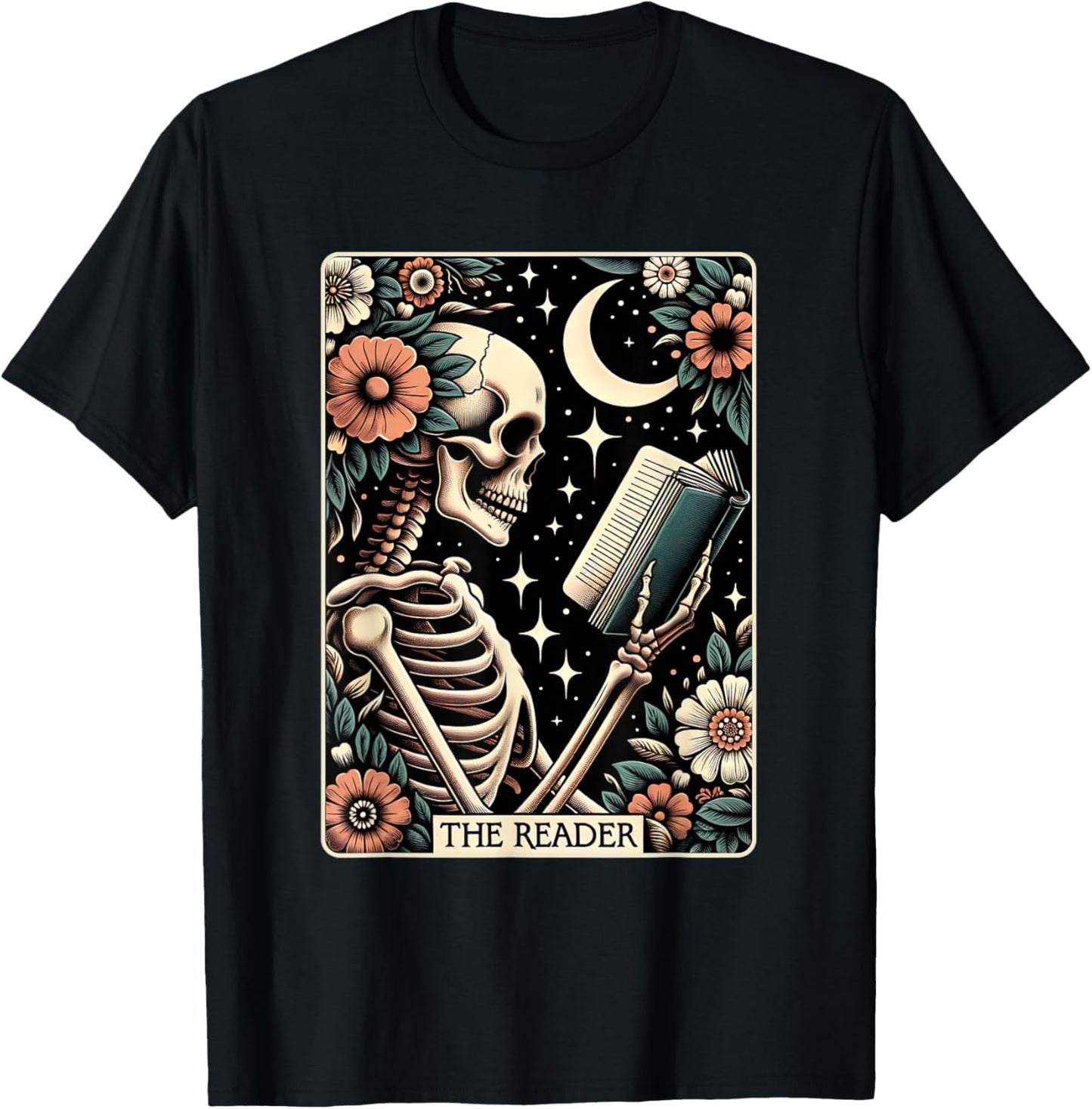 The Reader Tarot Card Skeleton Reading Book Bookworm Bookish T-Shirt - T-Shirt | Black