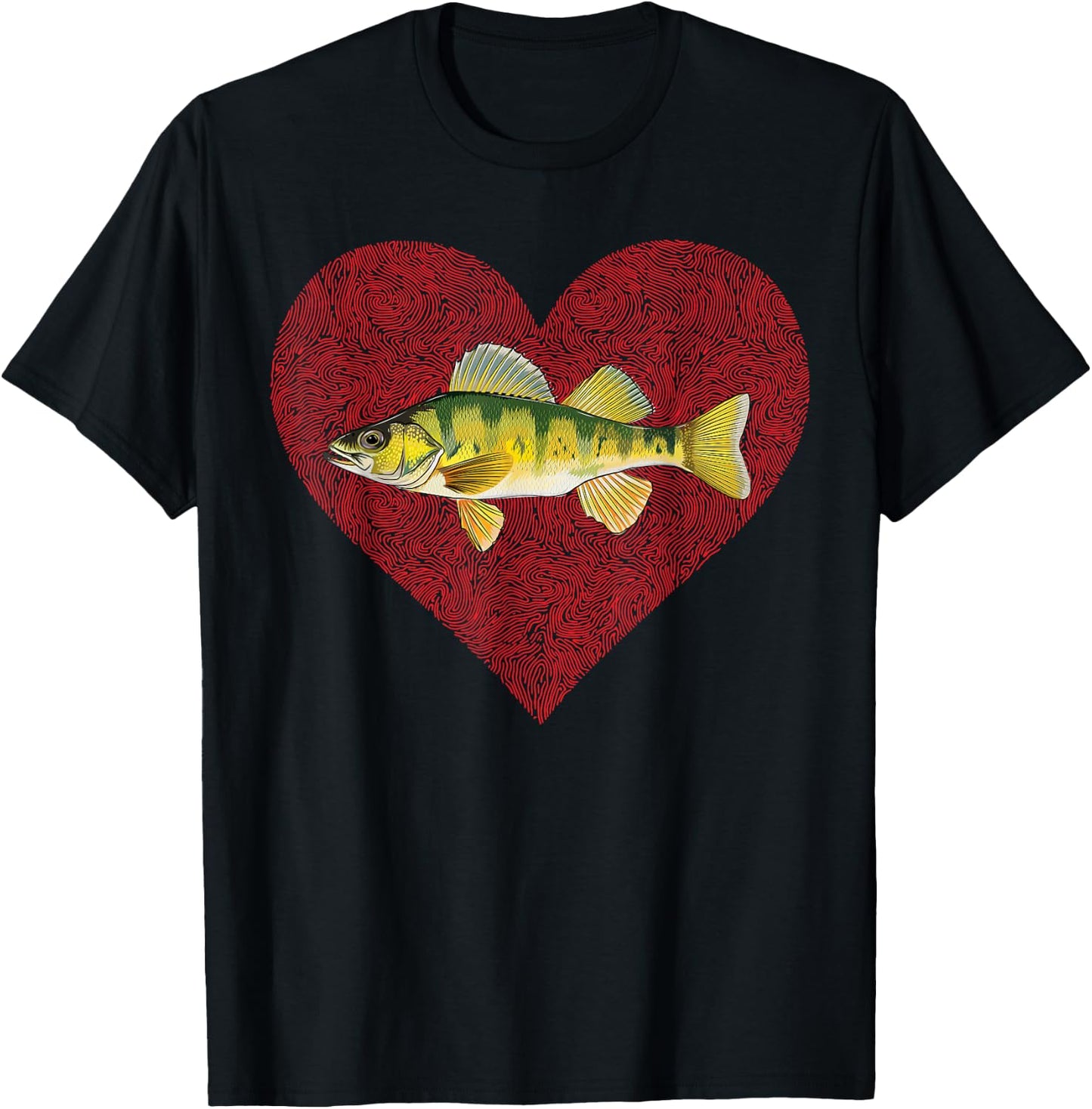 Yellow Perch Valentines Day Fish Love Fingerprint T-Shirt - T-Shirt | Black