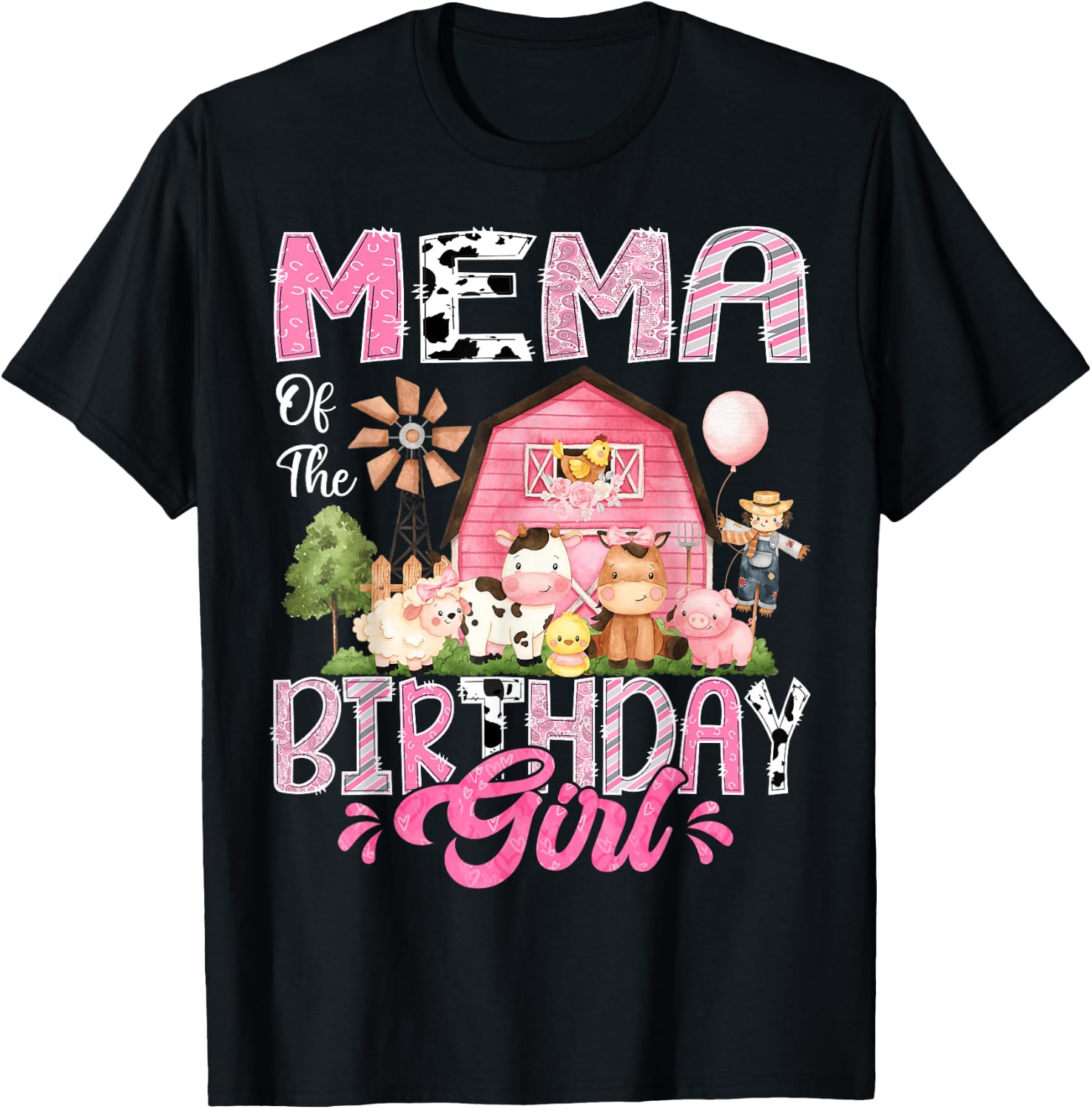 Mema Of The Birthday Girl Pink Farm Cow First Birthday T-Shirt - T-Shirt | Black