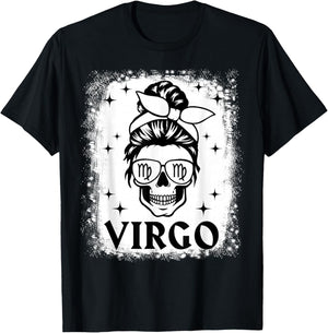 Virgo Girl Woman Messy Bun Skull Gothic Zodiac Sign T-Shirt - T-Shirt | Black